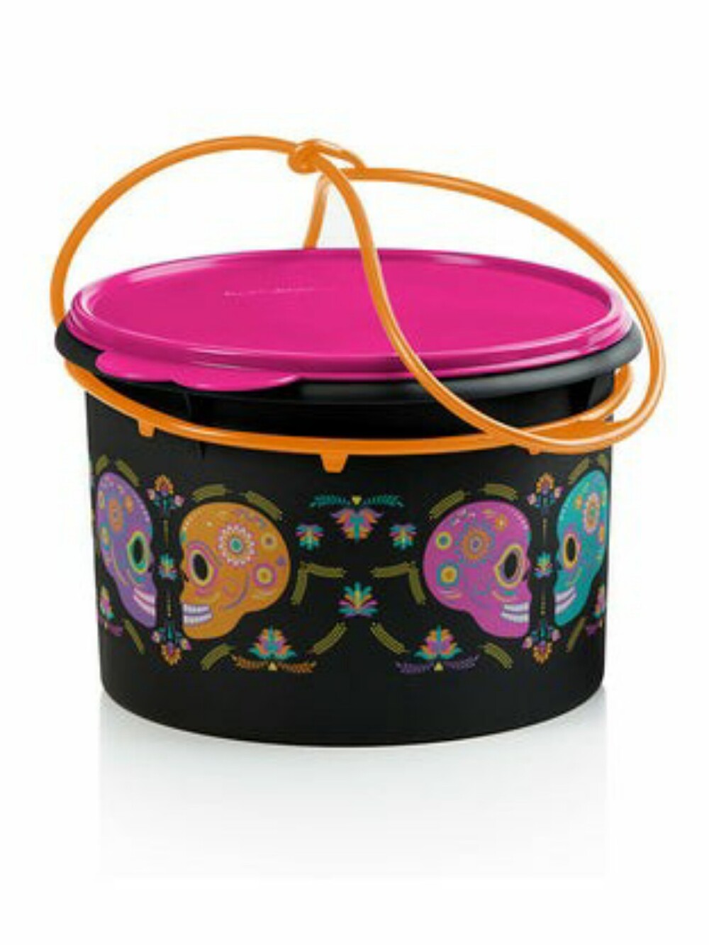 Tupperware Candy Bucket with Pink Lid And Orange Handle With Cups And Spoons